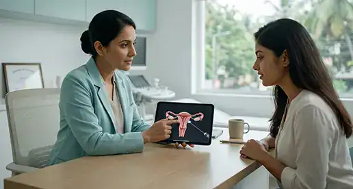 Doctor explaining fertility options to a patient in a clinic.