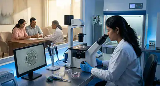 Fertility specialist examining samples in a modern laboratory setting.