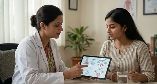 Doctor explaining fertility options to a patient using a tablet.