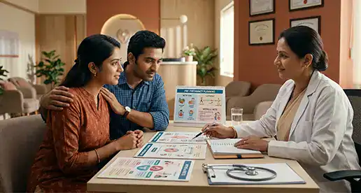 Couple consulting with doctor at Kavin Clinic for fertility and maternity services.