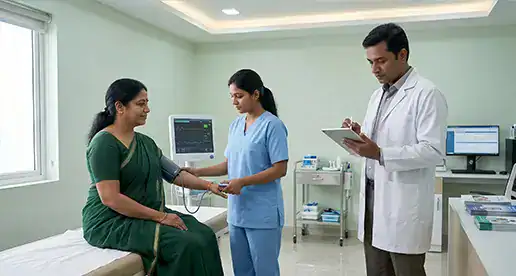 Doctor and nurse consulting with pregnant woman in clinic.